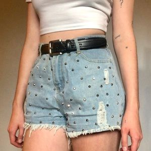 high waisted studded and distressed denim shorts